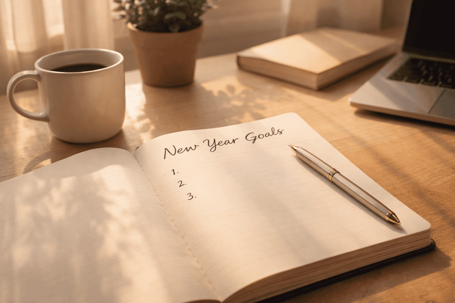 Happy New Year 2026 notebook on a desk with handwritten goals, coffee nearby, and soft natural morning light